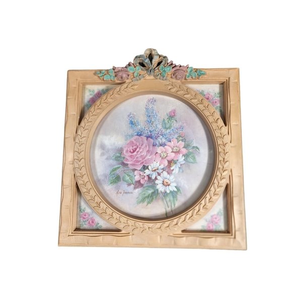 Vtg Ava Freeman Framed Floral Print Home Decor Circle in a Square 13"x13" - Picture 2 of 7